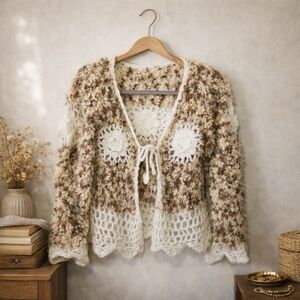Crochet Knit Floral Cardigan Size S Cashmere Blend 70s Granny Square Boho